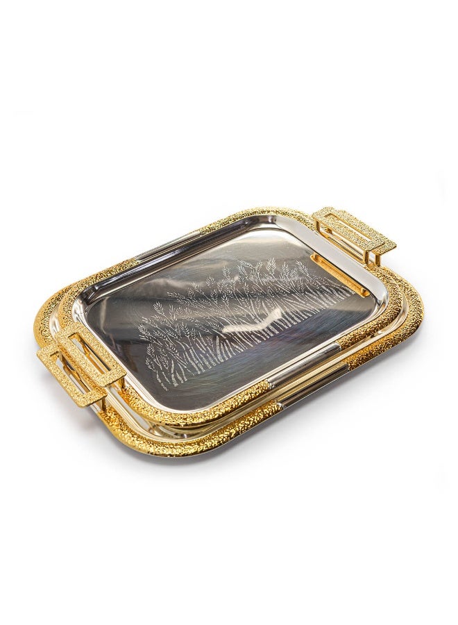 Si Bonne Luxury Rectangular Gold Decorative Serving Tray with Engraved Design and Side Handles - Image 2